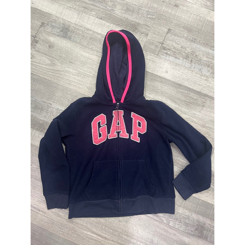Gap Kids Girls Navy Blue Pink Fleece Full Zip Logo Hoodie Sweatshirt Size L 10